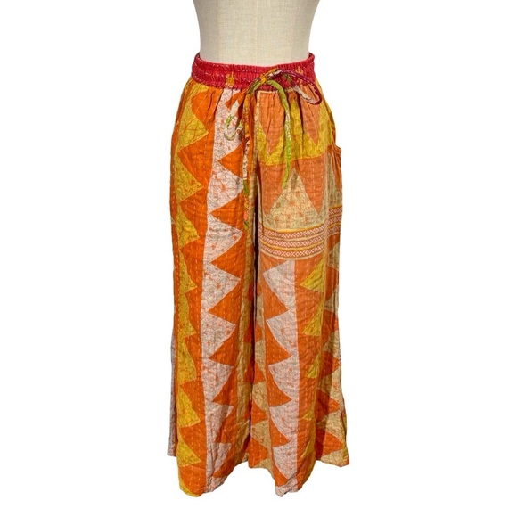 Kantha Wide Leg Drawstring Pull On Pants Handmade Boho Patchwork - Picture 2 of 6
